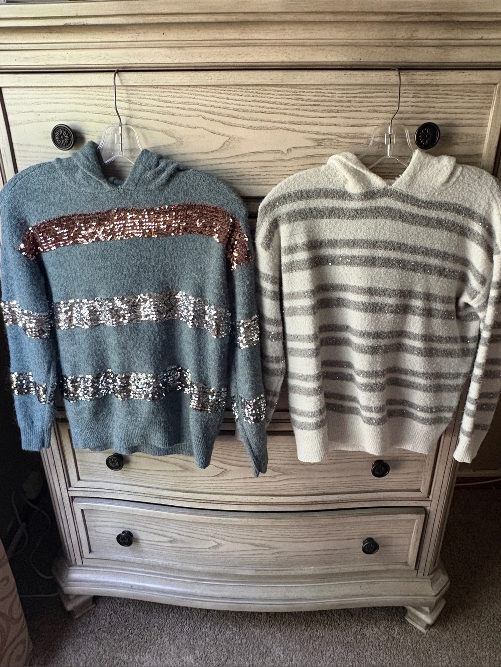 Lot of 2 Sequin Stripe Knit Hooded Sweaters Fall Sweater Winter Blue Cream